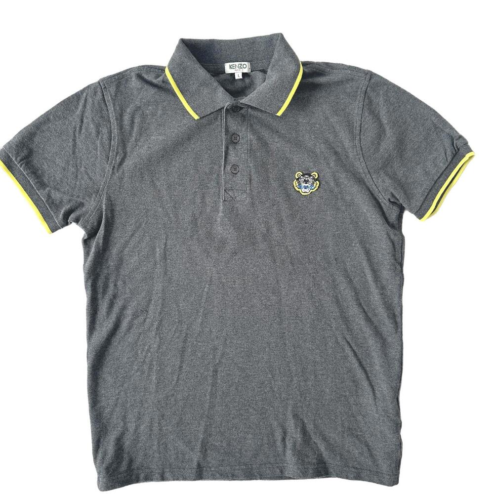 Kenzo Grey Polo shirt with Yellow Trim and Tiger Embroidery Logo-Size - L